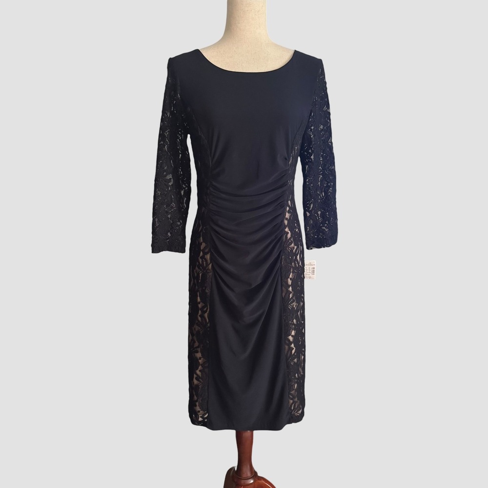 Dressbarn Collection Navy Lace Ruched Sheath Dress 6 NWT 3/4 Sleeve Cocktail